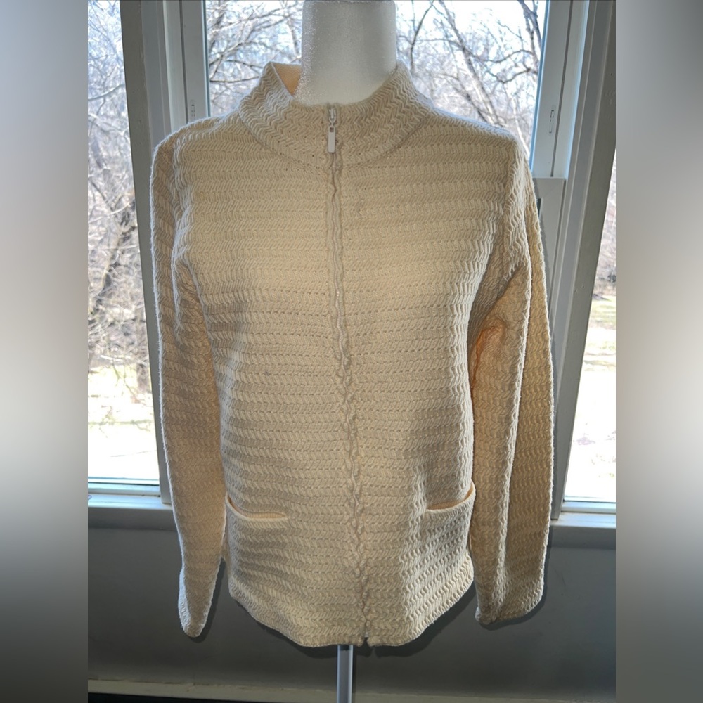 Eileen Fisher Wool Blend Italian Yarn Zip Up Cream Sweater XL EUC